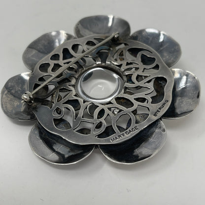 Estate Mary Gage Sterling Silver and Crystal Quartz Cabochon Modernist Lilypad Brooch