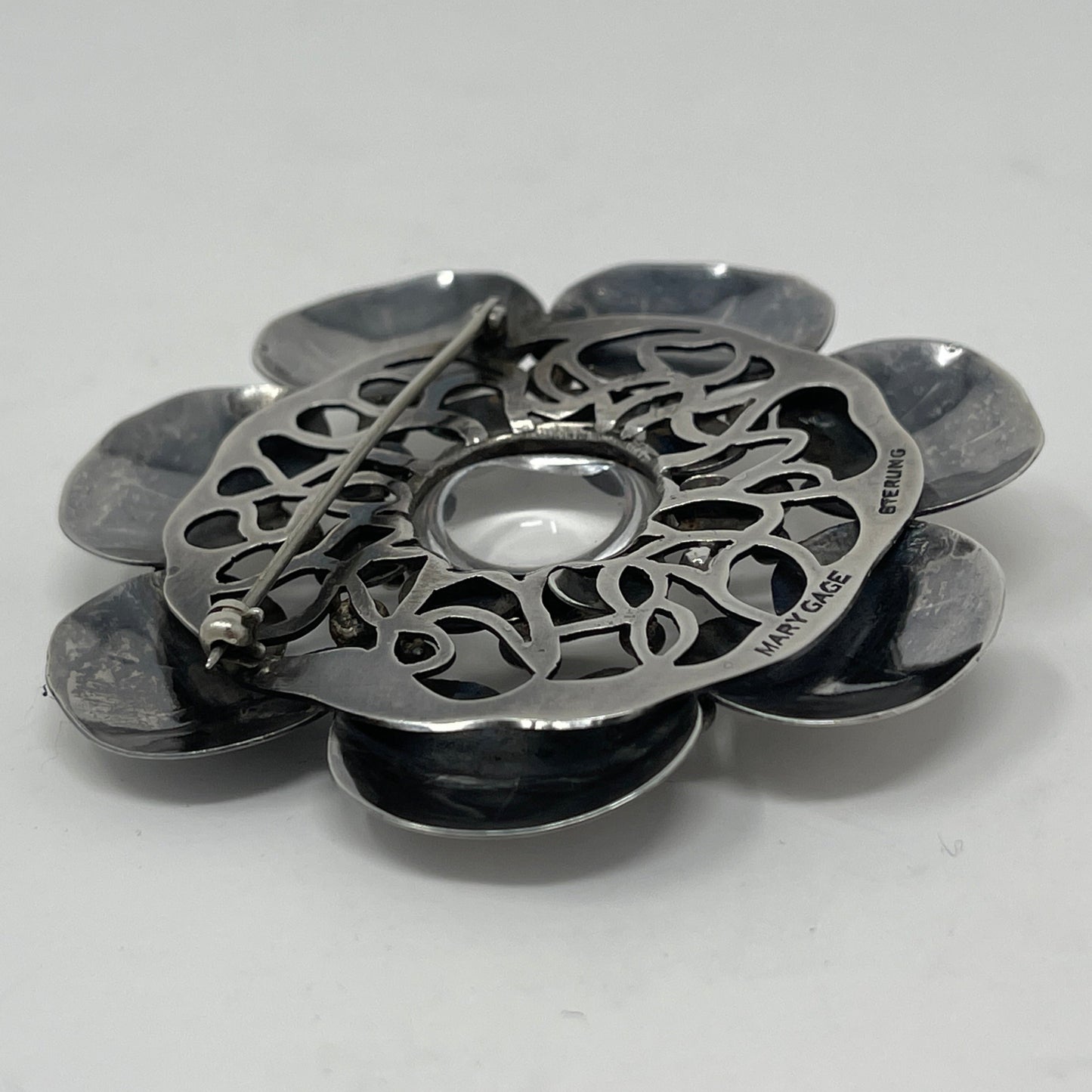 Estate Mary Gage Sterling Silver and Crystal Quartz Cabochon Modernist Lilypad Brooch