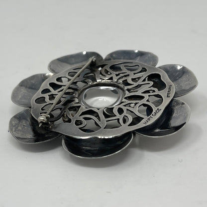 Estate Mary Gage Sterling Silver and Crystal Quartz Cabochon Modernist Lilypad Brooch