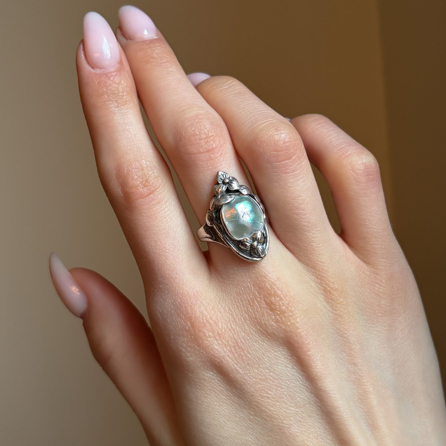 Estate Kalo Hand Wrought Sterling Silver Art Nouveau Blister Pearl Ring by Bjarne Axness