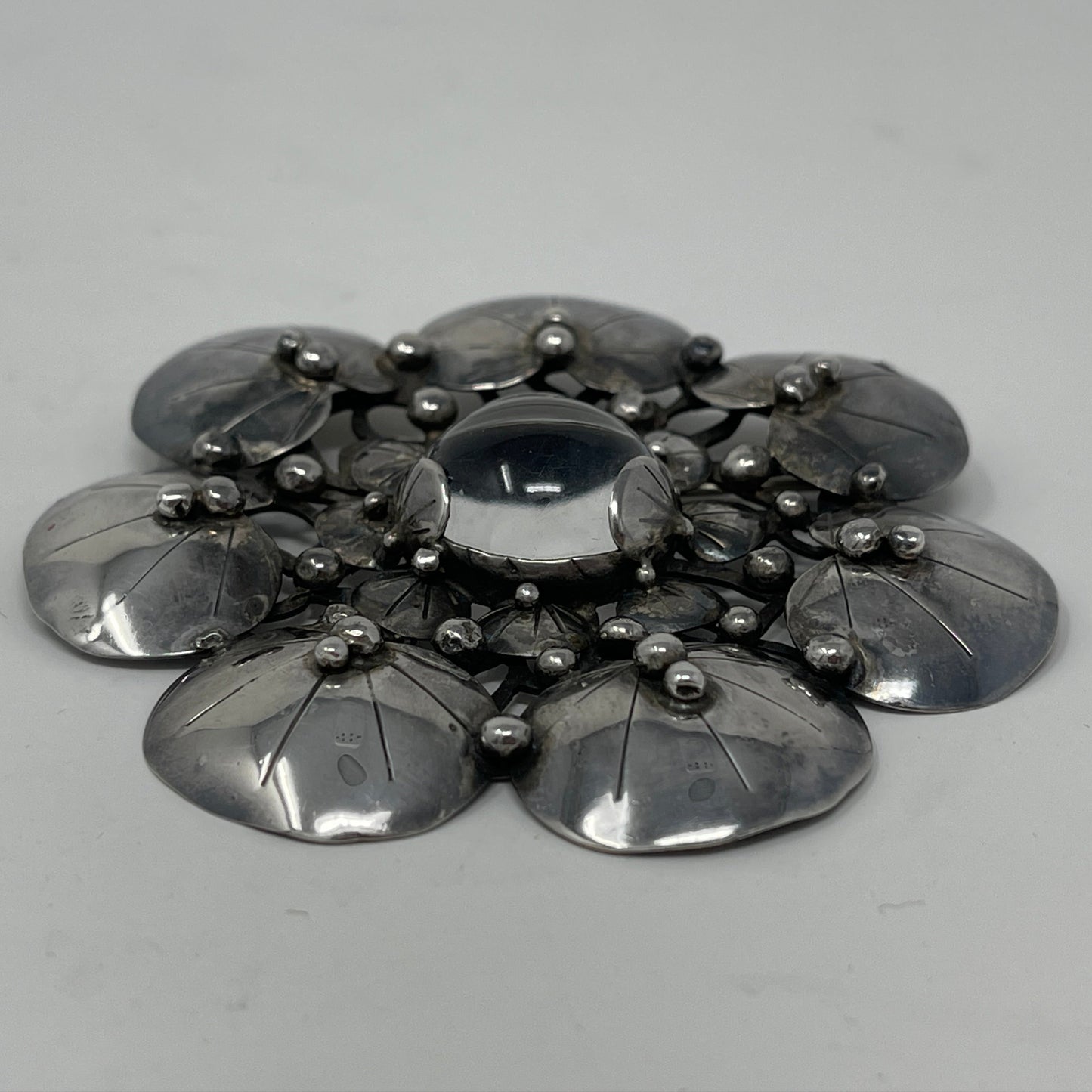 Estate Mary Gage Sterling Silver and Crystal Quartz Cabochon Modernist Lilypad Brooch