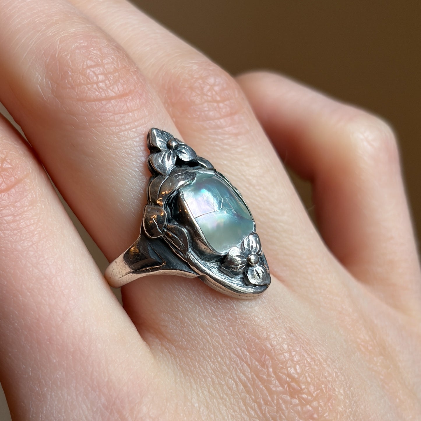 Estate Kalo Hand Wrought Sterling Silver Art Nouveau Blister Pearl Ring by Bjarne Axness