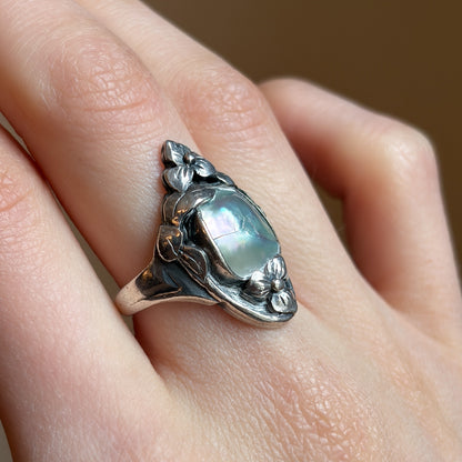 Estate Kalo Hand Wrought Sterling Silver Art Nouveau Blister Pearl Ring by Bjarne Axness
