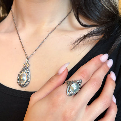 Estate Kalo Hand Wrought Sterling Silver Art Nouveau Blister Pearl Pendant Necklace