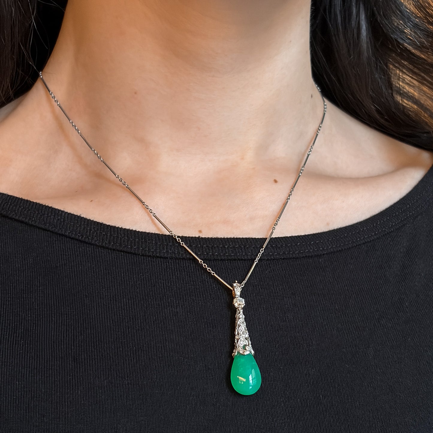 Antique Platinum Diamond and Apple Green Chrysoprase Pendant by J.E. Caldwell & Co