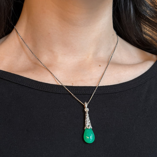 Antique Platinum Diamond and Apple Green Chrysoprase Pendant by J.E. Caldwell & Co