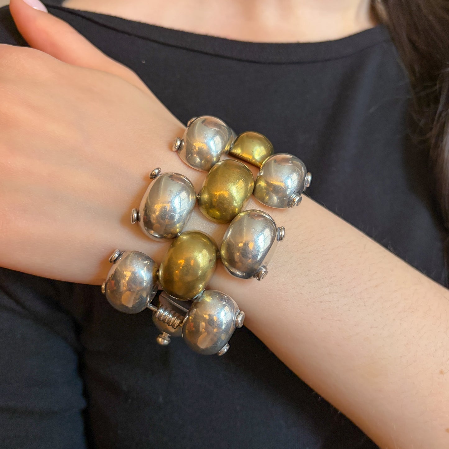 Estate Mexican Sterling Silver & Brass Pillow Link Bracelet by Caton