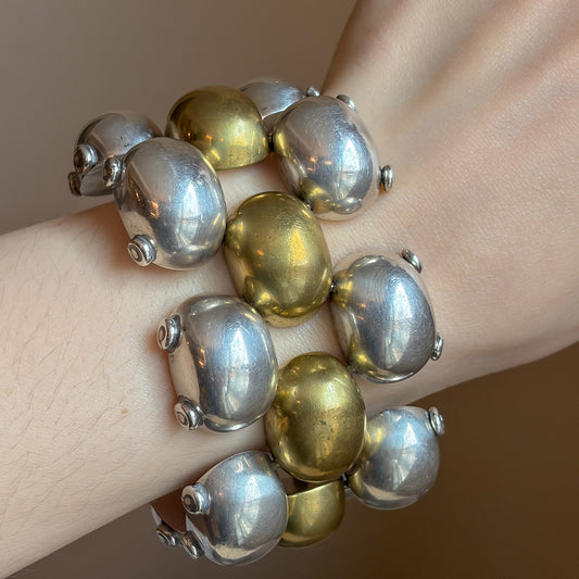 Estate Mexican Sterling Silver & Brass Pillow Link Bracelet by Caton