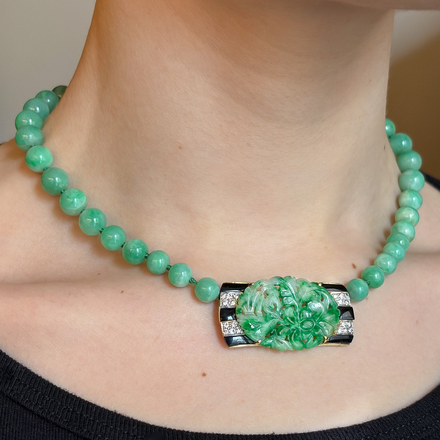 Estate Jadeite Art Deco Necklace with Diamond and Black Onyx Clasp