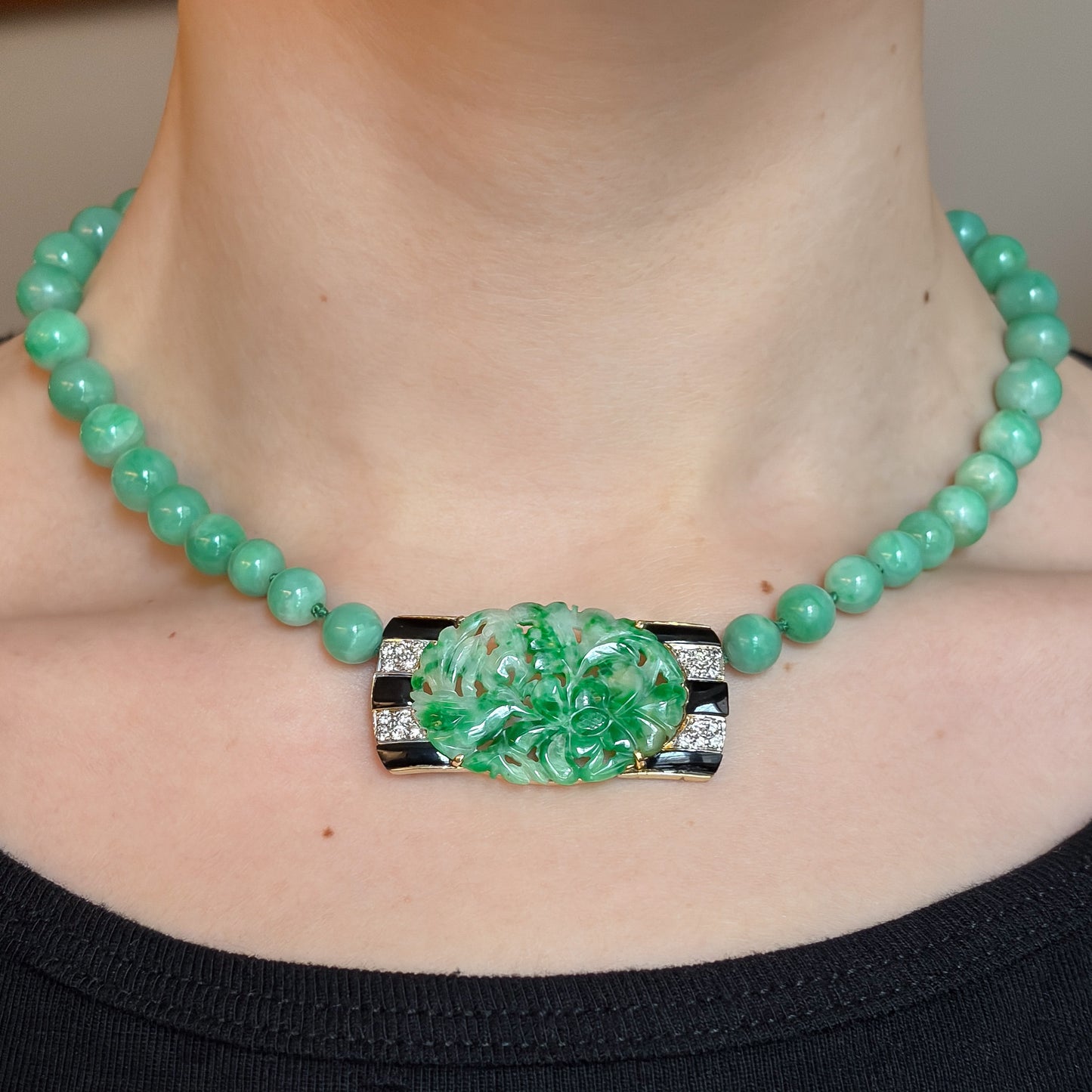 Estate Jadeite Art Deco Necklace with Diamond and Black Onyx Clasp