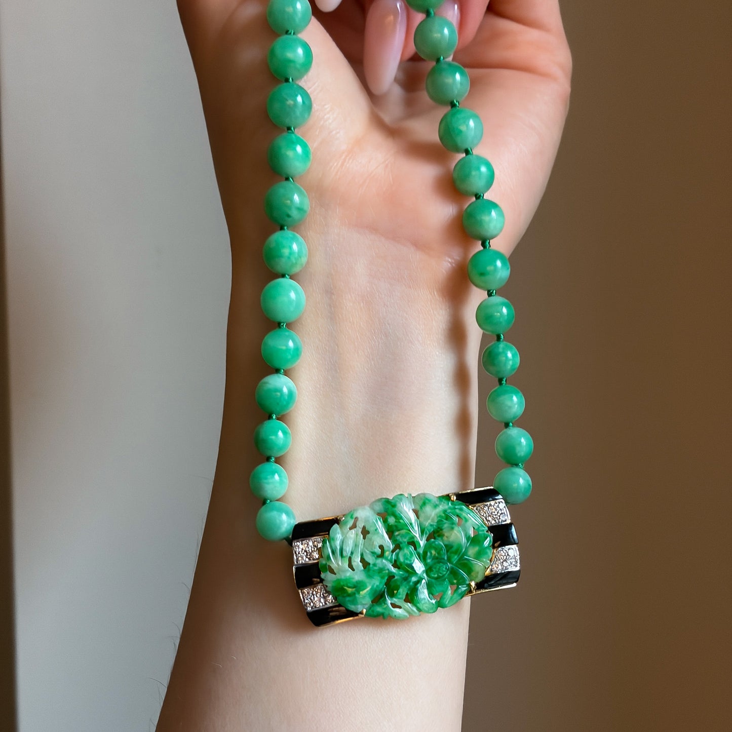 Estate Jadeite Art Deco Necklace with Diamond and Black Onyx Clasp