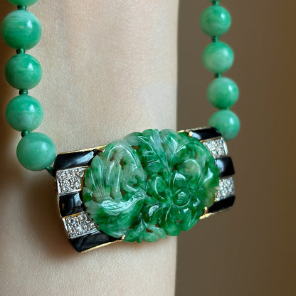 Estate Jadeite Art Deco Necklace with Diamond and Black Onyx Clasp