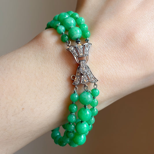 Edwardian Triple Strand Jadeite Bracelet with Platinum & Diamond Clasp