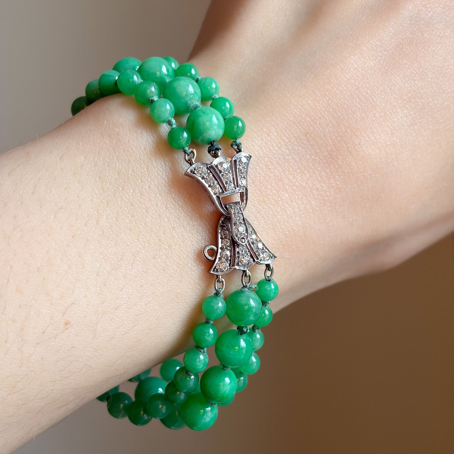 Edwardian Triple Strand Jadeite Bracelet with Platinum & Diamond Clasp