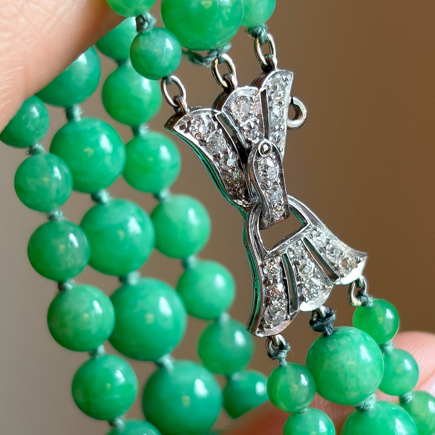 Edwardian Triple Strand Jadeite Bracelet with Platinum & Diamond Clasp