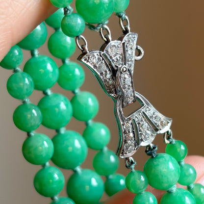 Edwardian Triple Strand Jadeite Bracelet with Platinum & Diamond Clasp