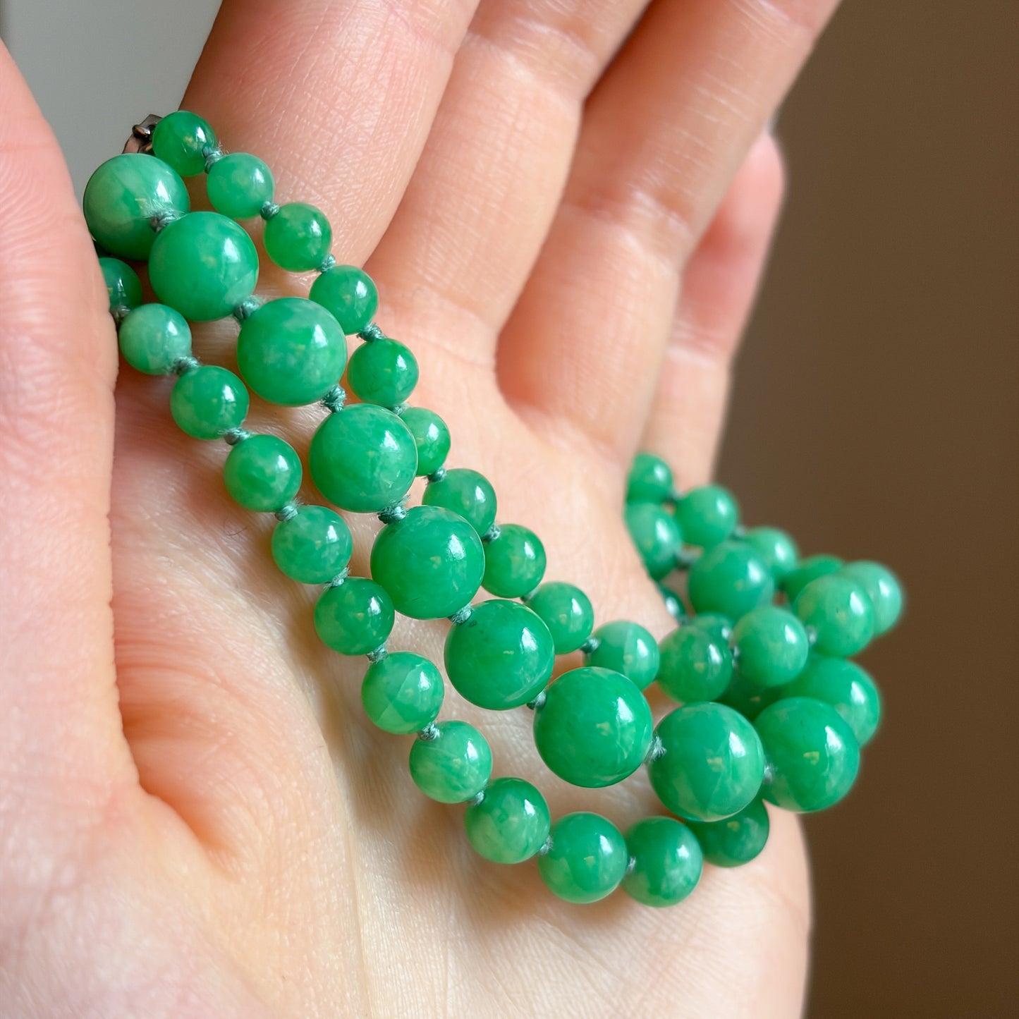 Edwardian Triple Strand Jadeite Bracelet with Platinum & Diamond Clasp
