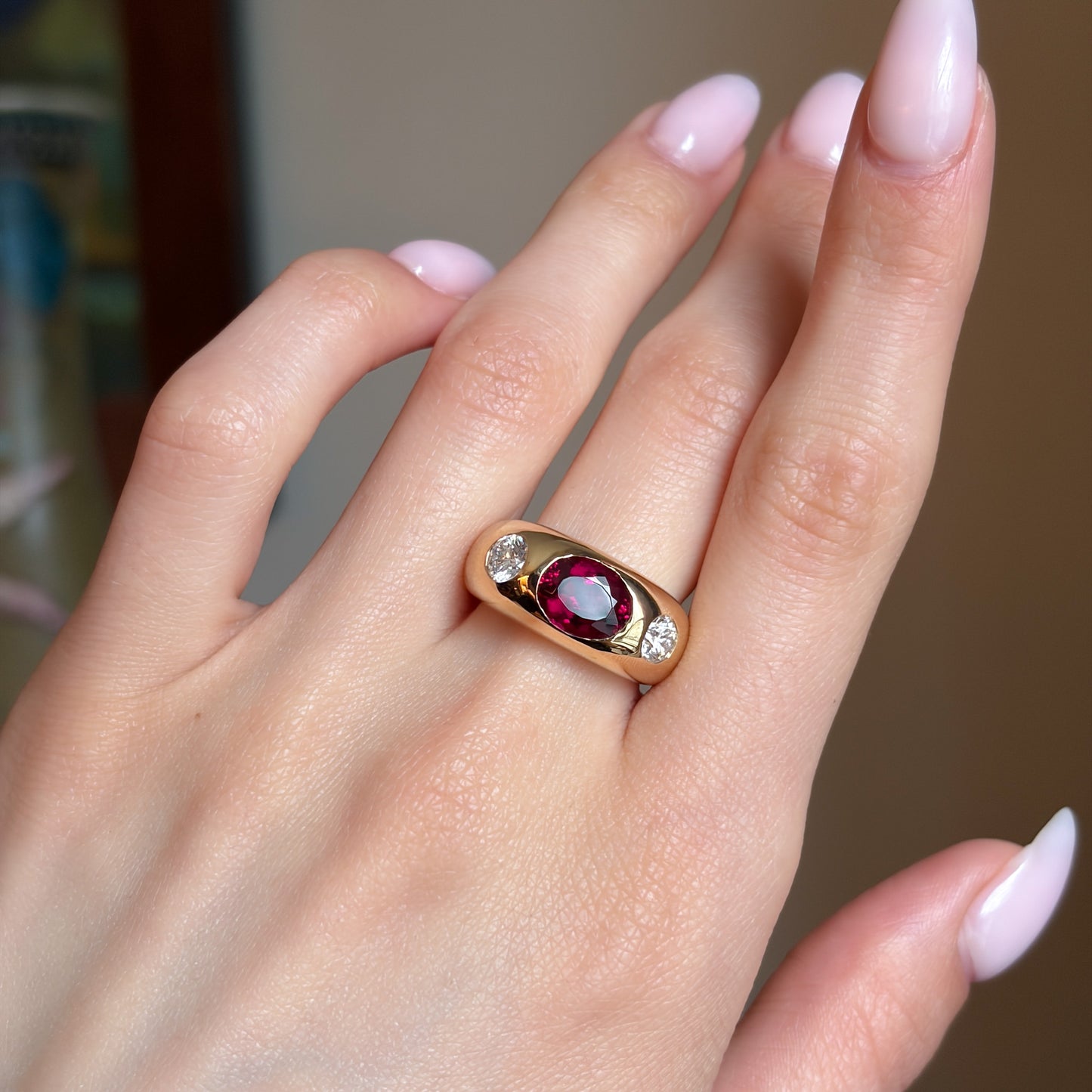 18k Gold Rubellite & Brilliant Cut Natural Diamond Gypsy Ring