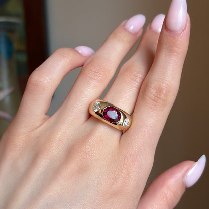 18k Gold Rubellite & Brilliant Cut Natural Diamond Gypsy Ring