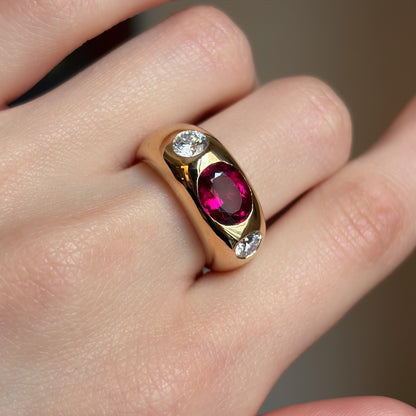 18k Gold Rubellite & Brilliant Cut Natural Diamond Gypsy Ring