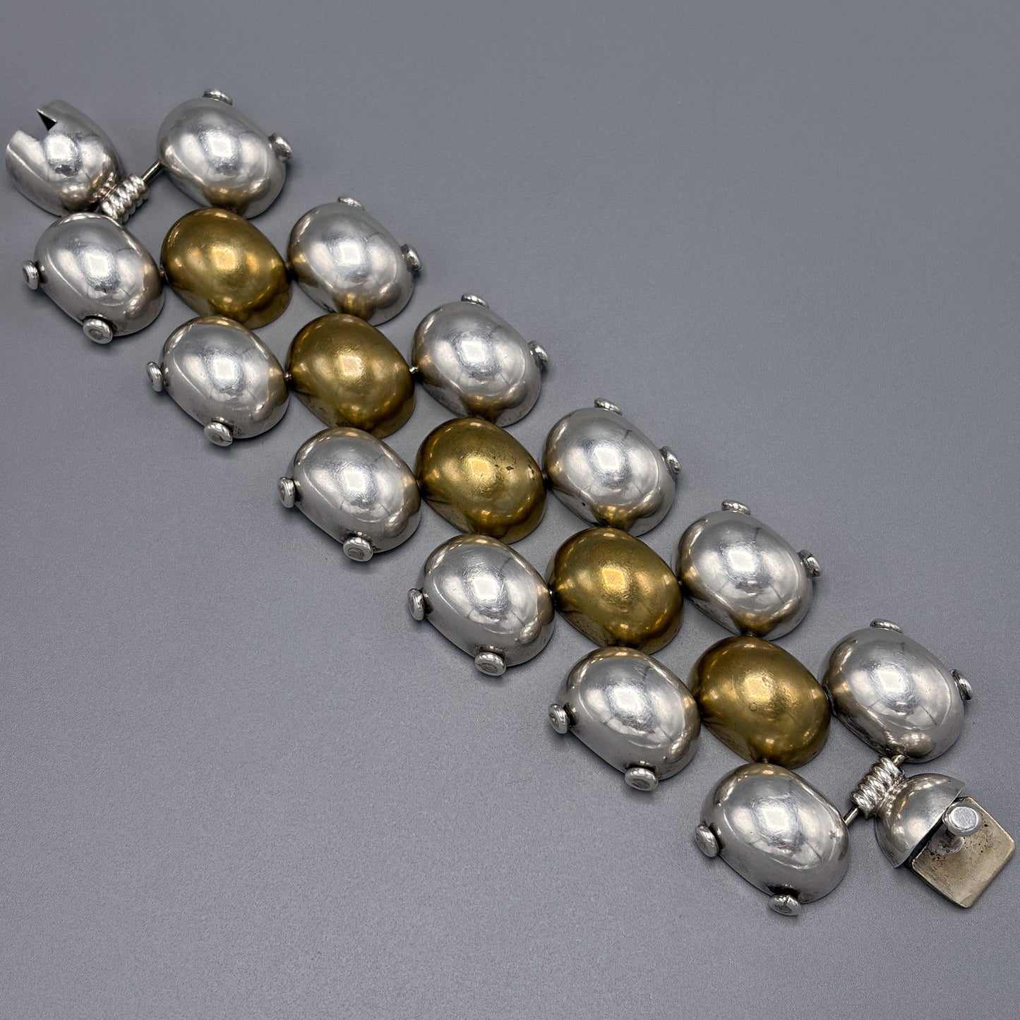 Estate Mexican Sterling Silver & Brass Pillow Link Bracelet by Caton