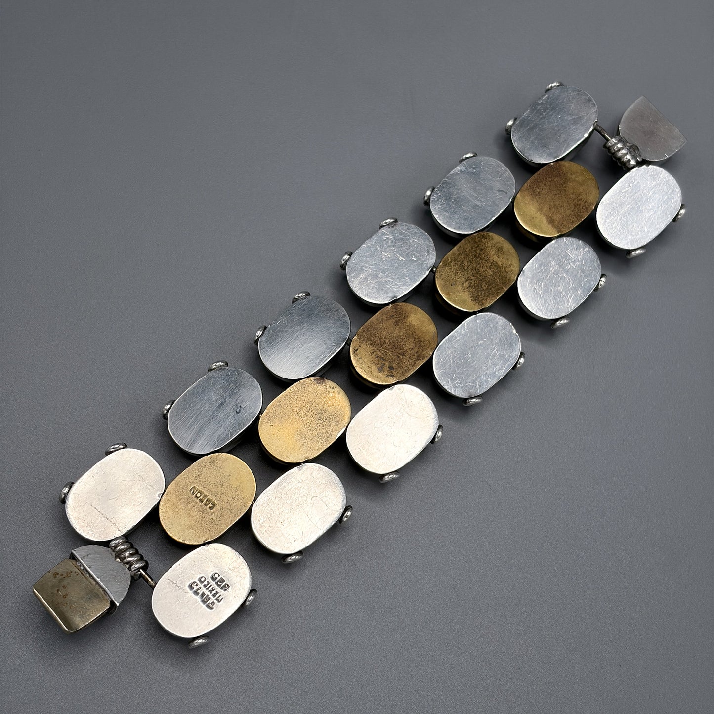 Estate Mexican Sterling Silver & Brass Pillow Link Bracelet by Caton