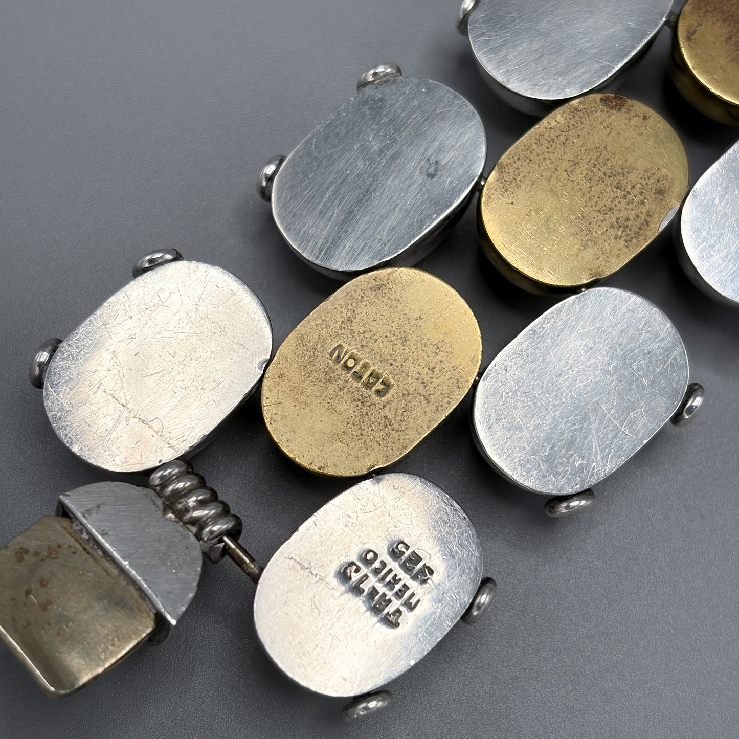 Estate Mexican Sterling Silver & Brass Pillow Link Bracelet by Caton