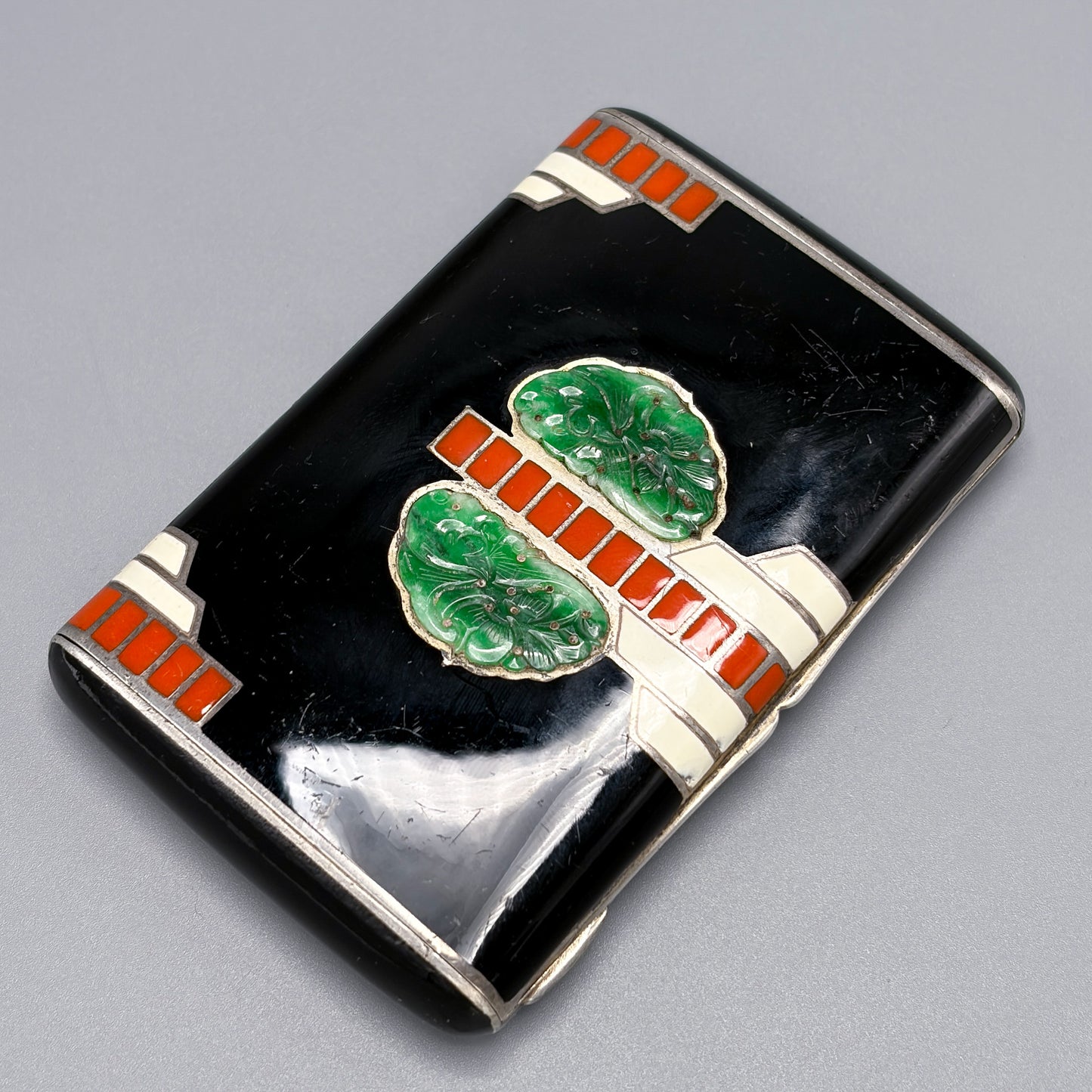 Estate Art Deco 935 Silver and Enamel Calling Card Case with Inlayed Carved Jade