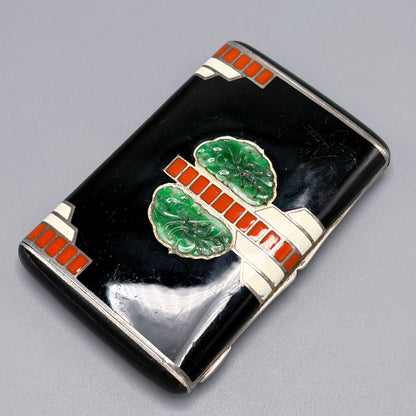 Estate Art Deco 935 Silver and Enamel Calling Card Case with Inlayed Carved Jade