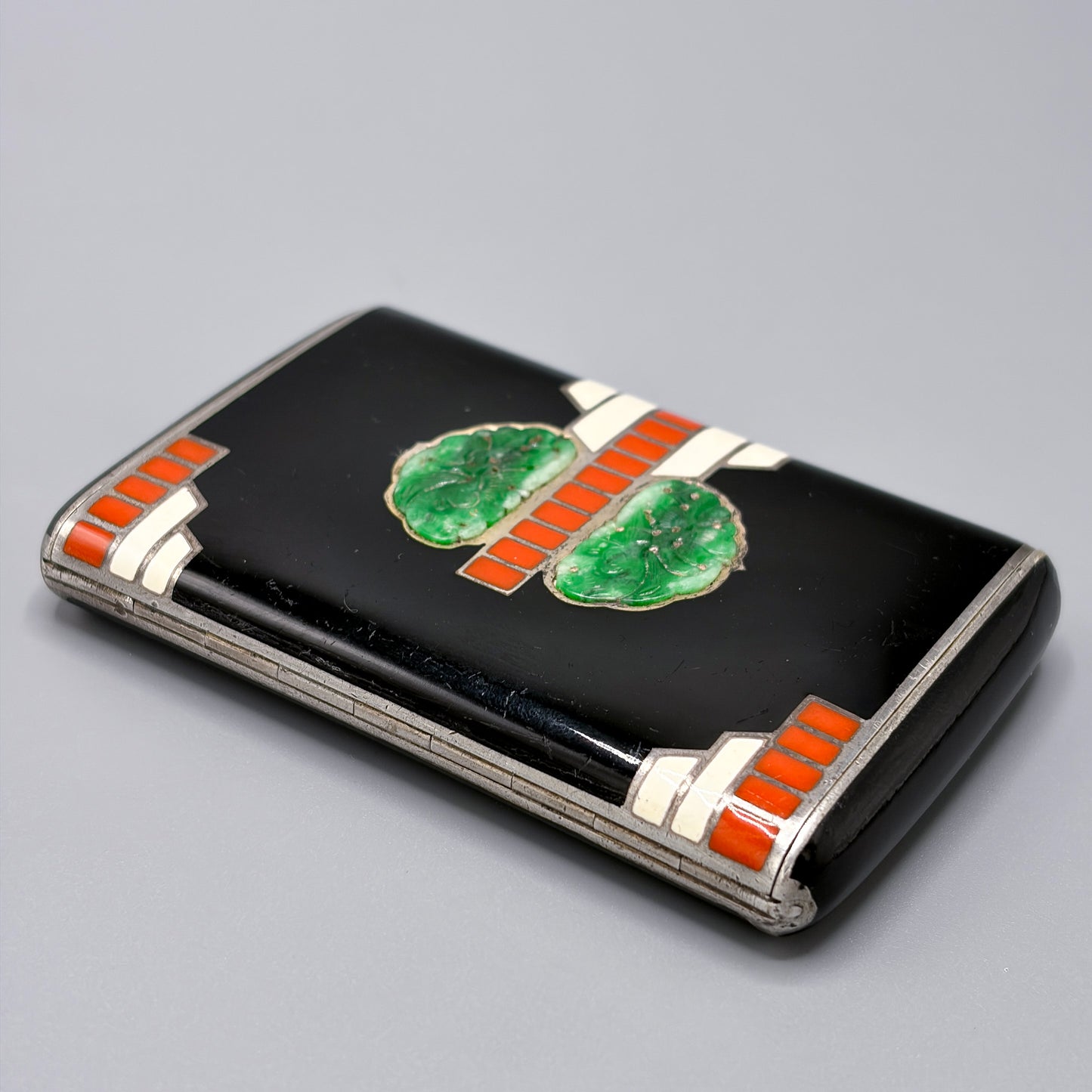 Estate Art Deco 935 Silver and Enamel Calling Card Case with Inlayed Carved Jade
