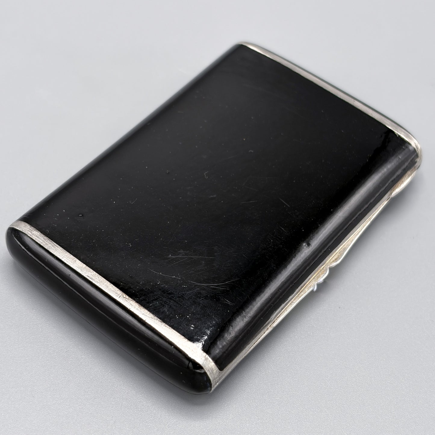 Estate Art Deco 935 Silver and Enamel Calling Card Case with Inlayed Carved Jade