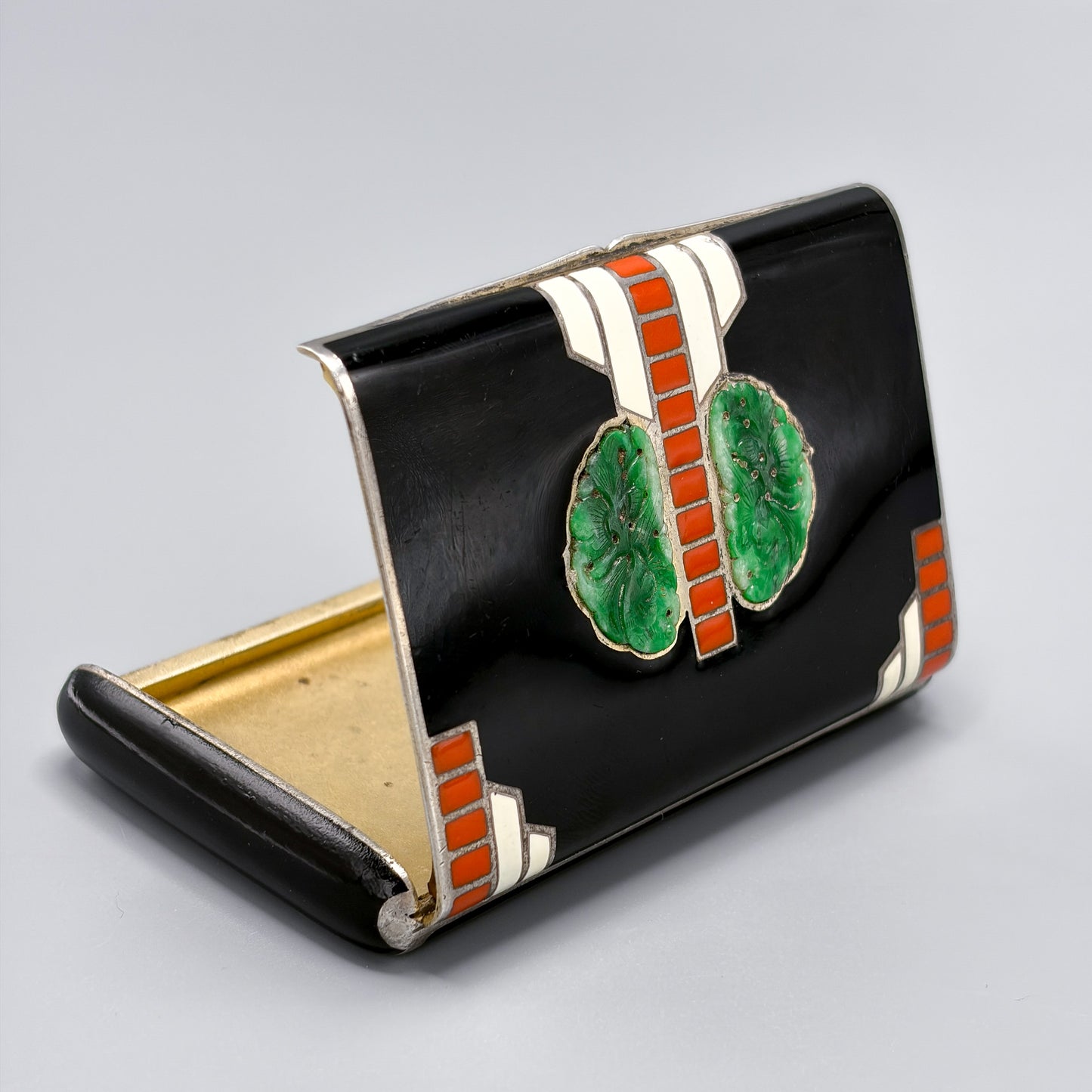 Estate Art Deco 935 Silver and Enamel Calling Card Case with Inlayed Carved Jade