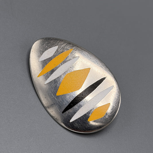 Estate Almond Shaped Hans Hansen Retrofuturist Silver Brooch with Enamel Inlay Designed By Bent Gabrielsen