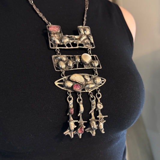 Estate Sterling Silver Brutalist Necklace with Tourmaline and Mother of Pearl by Rachel Gera