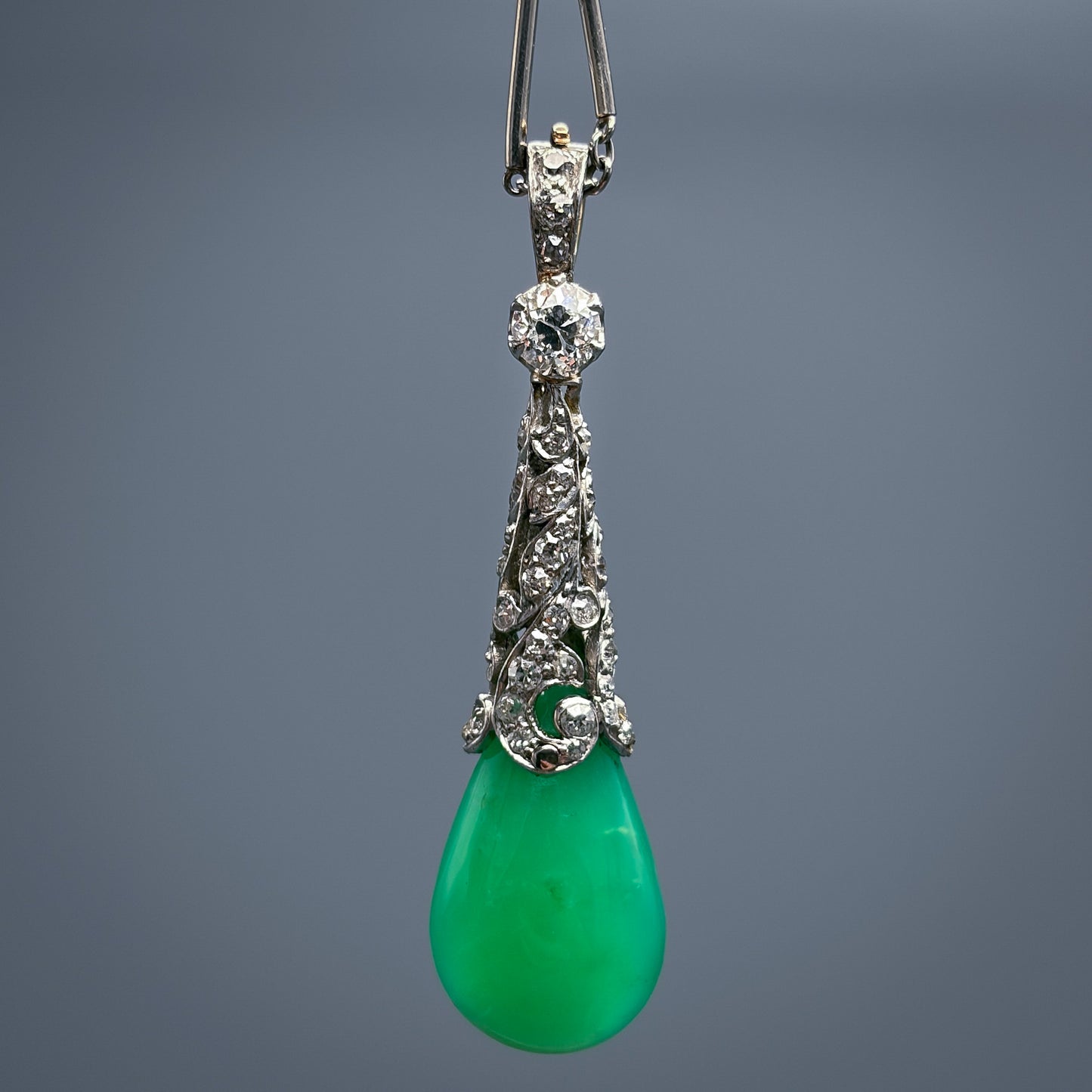 Antique Platinum Diamond and Apple Green Chrysoprase Pendant by J.E. Caldwell & Co