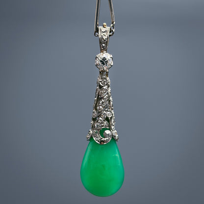 Antique Platinum Diamond and Apple Green Chrysoprase Pendant by J.E. Caldwell & Co