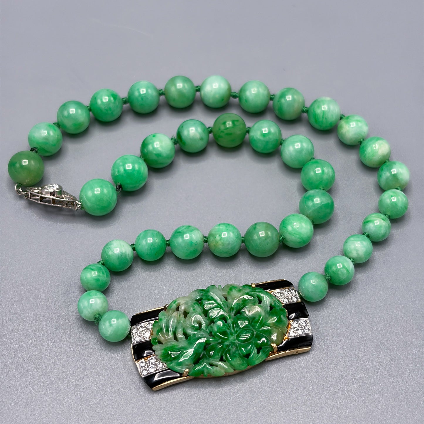 Estate Jadeite Art Deco Necklace with Diamond and Black Onyx Clasp