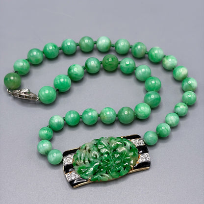 Estate Jadeite Art Deco Necklace with Diamond and Black Onyx Clasp