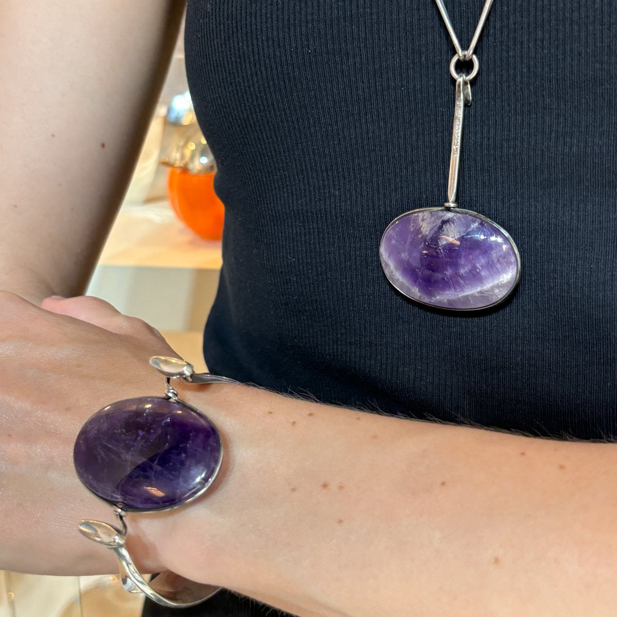 Estate Georg Jensen Sterling Silver and Amethyst Lozenge Cuff