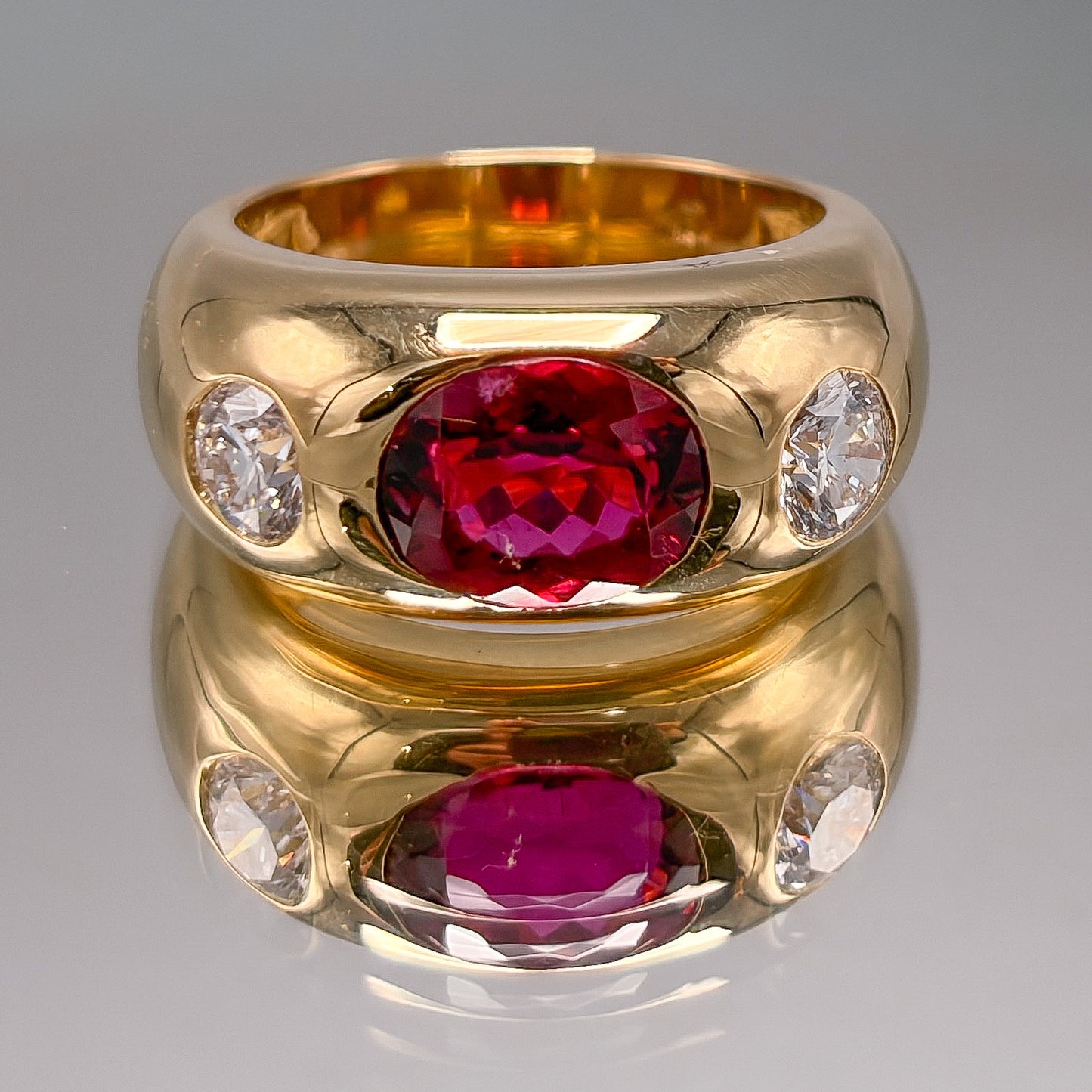 18k Gold Rubellite & Brilliant Cut Natural Diamond Gypsy Ring