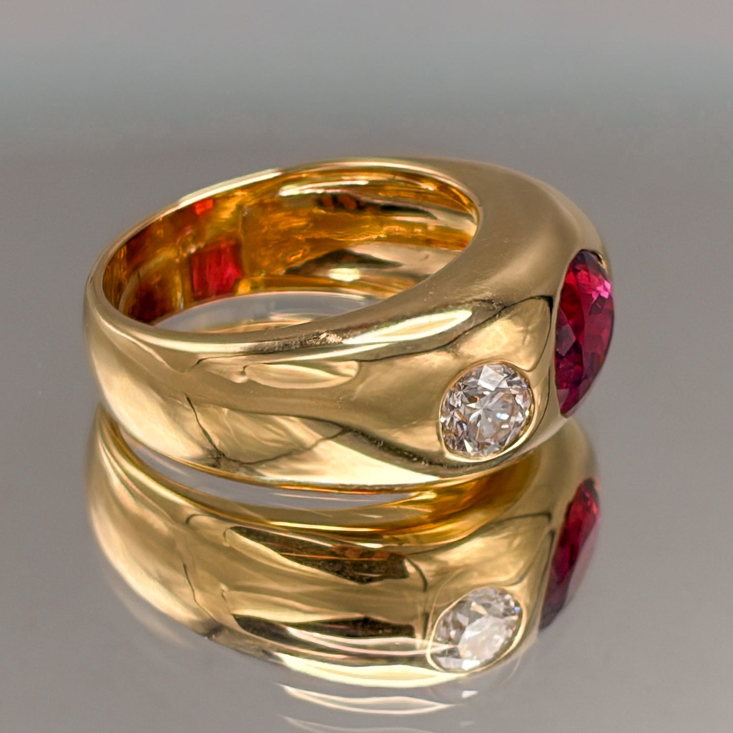18k Gold Rubellite & Brilliant Cut Natural Diamond Gypsy Ring