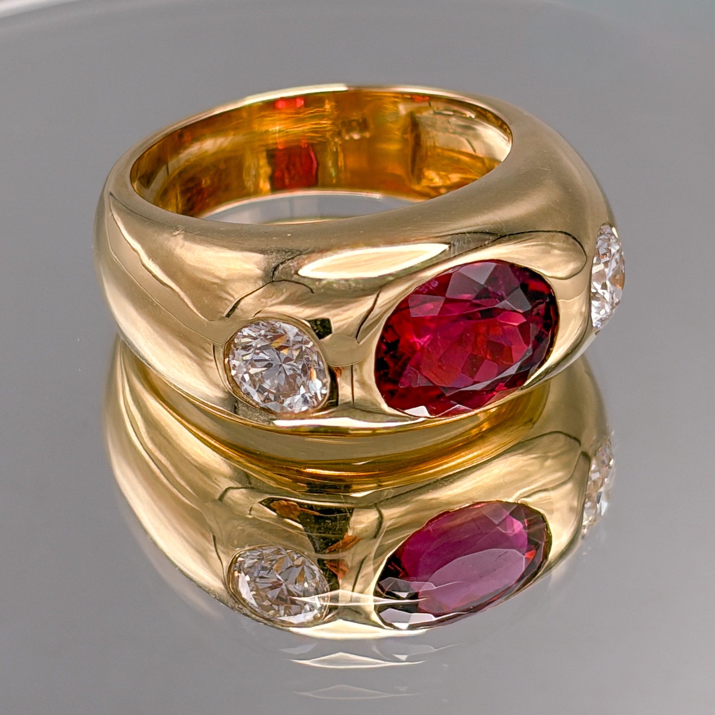 18k Gold Rubellite & Brilliant Cut Natural Diamond Gypsy Ring