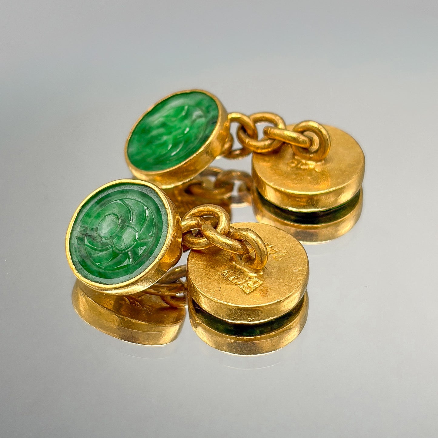 Antique 24kt Gold Deep Apple Green Jadeite Qing Dynasty Double Sided Cufflinks