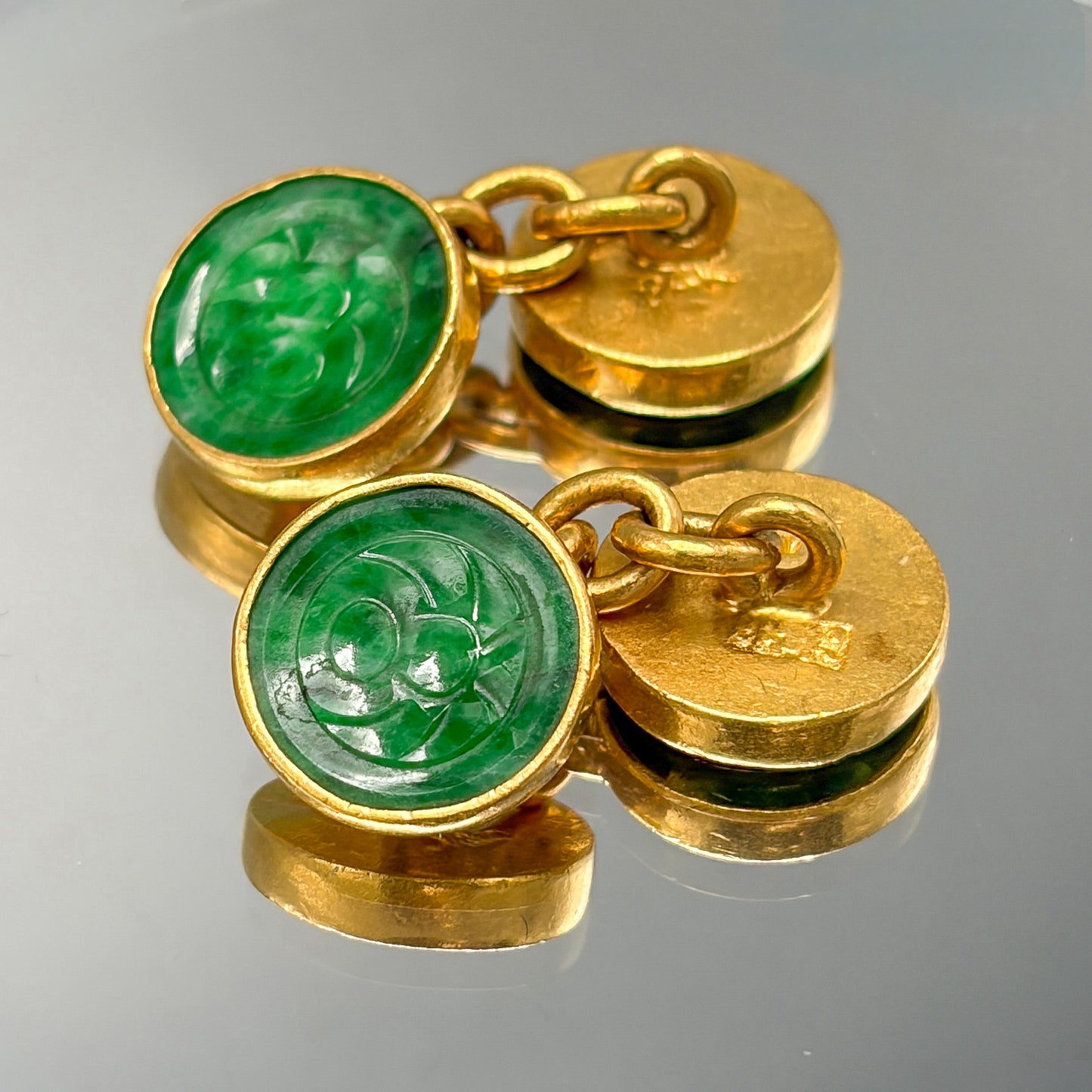 Antique 24kt Gold Deep Apple Green Jadeite Qing Dynasty Double Sided Cufflinks