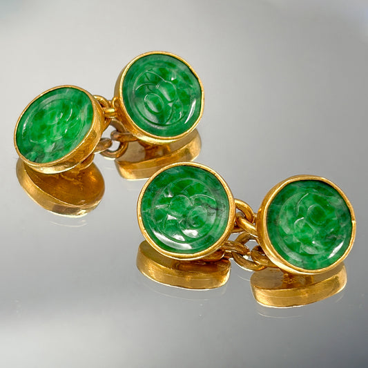 Antique 24kt Gold Deep Apple Green Jadeite Qing Dynasty Double Sided Cufflinks