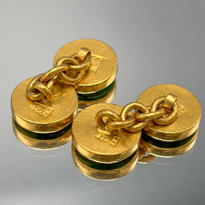 Antique 24kt Gold Deep Apple Green Jadeite Qing Dynasty Double Sided Cufflinks