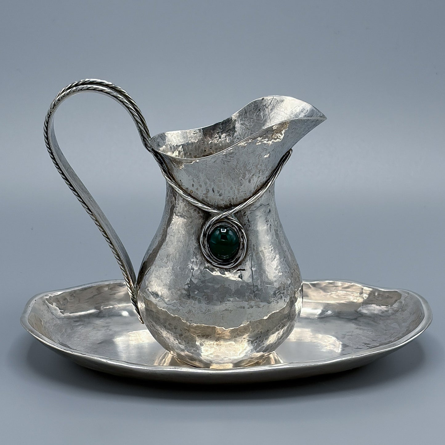 Antique 833  Silver Arts & Crafts Era Small Pitcher and Tray with Green Agate