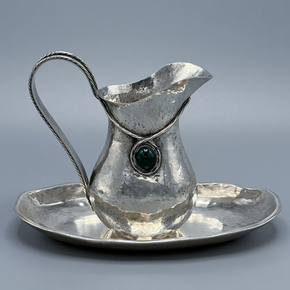 Antique 833  Silver Arts & Crafts Era Small Pitcher and Tray with Green Agate