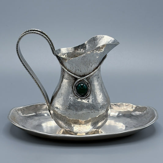 Antique 833  Silver Arts & Crafts Era Small Pitcher and Tray with Green Agate