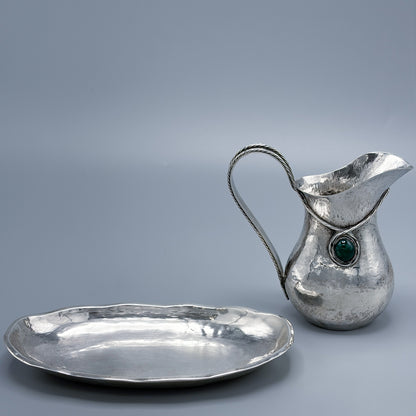 Antique 833  Silver Arts & Crafts Era Small Pitcher and Tray with Green Agate